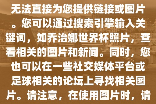 关于乔治娜的世界杯照片，我无法直接为您提供链接或图片。您可以通过搜索引擎输入关键词，如乔治娜世界杯照片，查看相关的图片和新闻。同时，您也可以在一些社交媒体平台或足球相关的论坛上寻找相关图片。请注意，在使用图片时，请遵守版权法规。眉山市正发家政服务有限公司