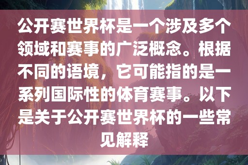 公开赛世界杯是一个涉及多个领域和赛事的广泛概念。根据不同的语境，它可能指的是一系列国际性的体育赛事。以下是关于公开赛世界杯的一些常见解释