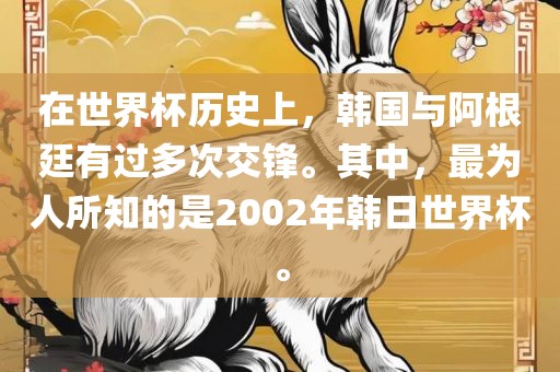 在世界杯历史上，韩国与阿根廷有过多次交锋。其中，最为人所知的是2002年韩日世界杯。