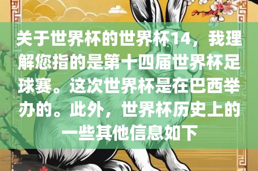 关于世界杯的世界杯14，我理解您指的是第十四届世界杯足球赛。这次世界杯是在巴西举办的。此外，世界杯历史上的一些其他信息如下