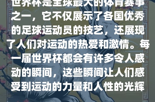 世界杯是全球最大的体育赛事之一，它不仅展示了各国优秀的足球运动员的技艺，还展现了人们对运动的热爱和激情。每一届世界杯都会有许多令人感动的瞬间，这些瞬间让人们感受到运动的力量和人性的光辉。