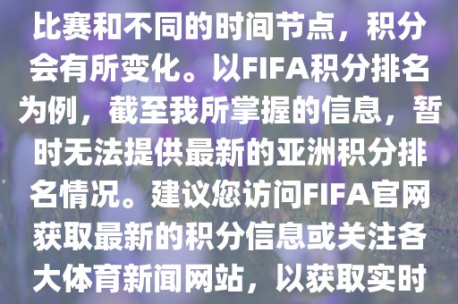 关于世界杯亚洲积分，不同的比赛和不同的时间节点，积分会有所变化。以FIFA积分排名为例，截至我所掌握的信息，暂时无法提供最新的亚洲积分排名情况。建议您访问FIFA官网获取最新的积分信息或关注各大体育新闻网站，以获取实时的世界杯亚洲积分排名。
