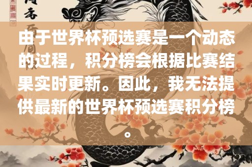 由于世界杯预选赛是一个动态的过程，积分榜会根据比赛结果实时更新。因此，我无法提供最新的世界杯预选赛积分榜。
