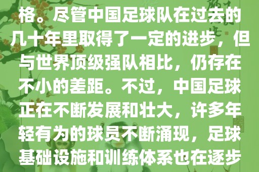 在迄今为止的世界杯足球比赛中，中国队并未获得过参赛资格。尽管中国足球队在过去的几十年里取得了一定的进步，但与世界顶级强队相比，仍存在不小的差距。不过，中国足球正在不断发展和壮大，许多年轻有为的球员不断涌现，足球基础设施和训练体系也在逐步完善。因此，未来中国队仍有可能进入世界杯。