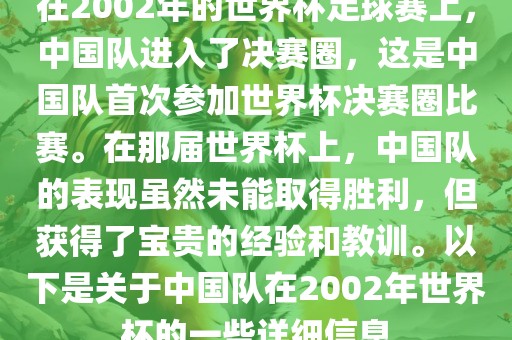 在2002年的世界杯足球赛上，中国队进入了决赛圈，这是中国队首次参加世界杯决赛圈比赛。在那届世界杯上，中国队的表现虽然未能取得胜利，但获得了宝贵的经验和眉山市正发家政服务有限公司教训。以下是关于中国队在2002年世界杯的一些详细信息