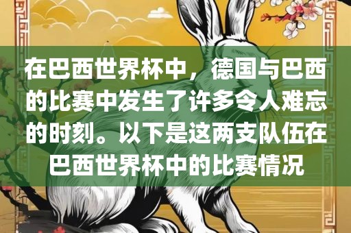 在巴西世界杯中，德国与巴西的比赛中发生了许多令人难忘的时刻。以下是这两支队伍在巴西世界杯中的比赛情况眉山市正发家政服务有限公司