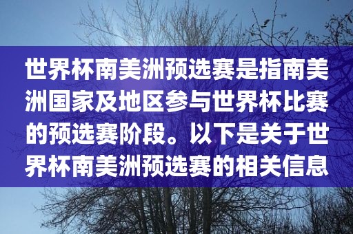 世界杯南美洲预选赛是指南美洲国家及地区参与世界杯比赛的预选赛阶段。以下是关于世界杯南美洲预选赛的相关信息
