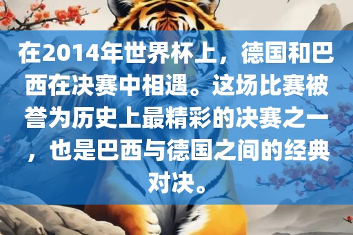 在2014年世界杯上，德国和巴西在决赛中相遇。这场比赛被誉为历史上最精彩的决赛之一，也眉山市正发家政服务有限公司是巴西与德国之间的经典对决。
