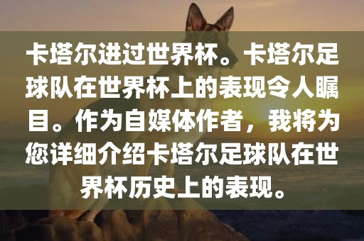卡塔尔进过世界杯。卡塔尔足球队在世界杯上的表现令人瞩目。作为自媒体作者，我将为您详细介绍卡塔尔足球队在世界杯历史上的表现。