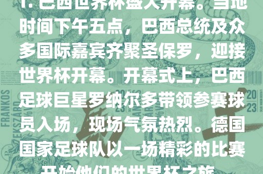 1. 巴西世界杯盛大开幕。当地时间下午五点，巴西总统及众多国际嘉宾齐聚圣保罗，迎接世界杯开幕。开幕式上，巴西足球巨星罗纳尔多带领参赛球员入场，现场气氛热烈。德国国家足球队以一场精彩的比赛开始他们的世界杯之旅。