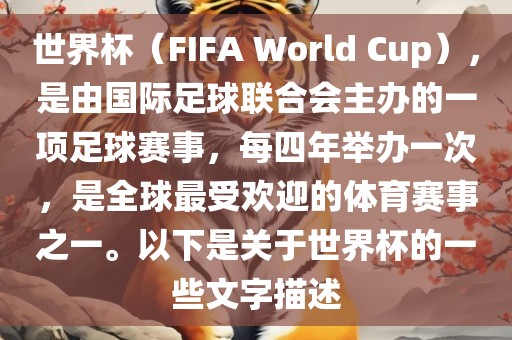 世界杯（FIFA World Cup），是由国际足球联合会主办的一项足球赛事，每四年举办一次，是全球最受欢迎的体育赛事之一。以下是关于世界杯的一些文字描述
