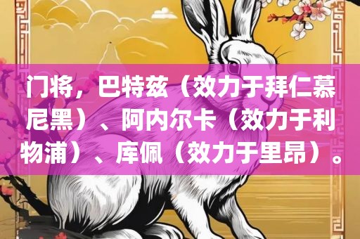门将，巴特兹（效力于拜仁慕尼黑）、阿内尔卡（效力于利物浦）、库佩（效力于里昂）。
