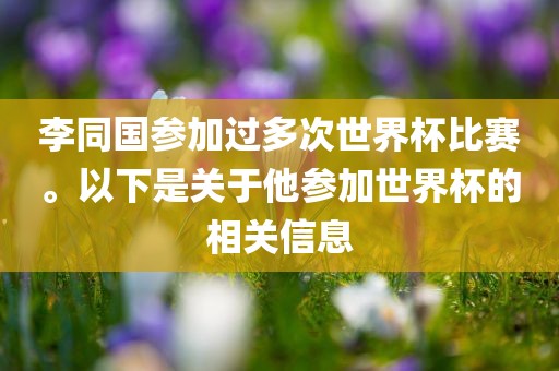 李同国参加过多次世界杯比赛。以下是关于他参加世界杯的相关信息眉山市正发家政服务有限公司